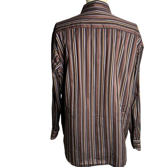 Bugatchi Uomo Button Up Long Sleeve Shirt XXL Brown Striped Flip Cuff Pocket - Picture 4 of 7